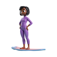 3D Cartoon African American Surfer Girl on Surfboard with Transparent Background png