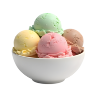 Delicious assortment of ice cream scoops in a bowl, transparent background png