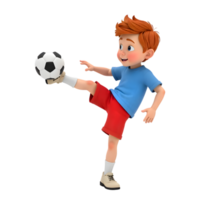 Red-haired boy kicking a soccer ball with enthusiasm on a transparent background png
