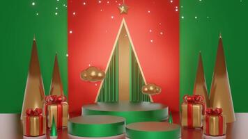 3D Christmas and Happy New Year with green and red background and minimalist podium, suitable for product promotion video