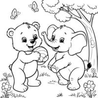 Friendly Elephant and Bear Playing Together with a Ball in the Park vector