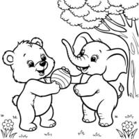 Bear and Elephant Playing Together with a Ball in the Forest vector