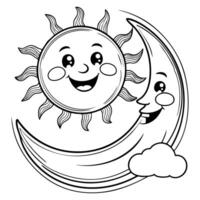 Smiling Cartoon Sun and Moon with Happy Faces for Coloring vector