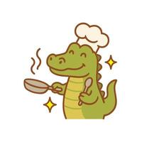 A happy crocodile chef cooking with a frying pan and a spoon. vector