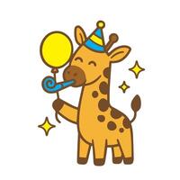 Giraffe celebrating a birthday with a balloon and party whistle vector