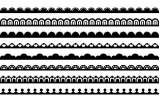 Scallop lace border. Fabric frill edge with pattern. Ribbon braid with ornament. Set of elements isolated on white background. vector