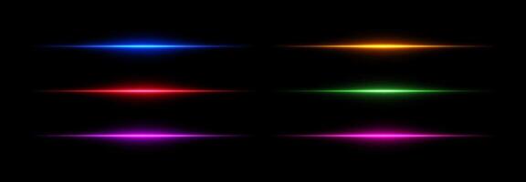 Neon line light and flare effect. Laser beam glow. Led horizontal stripes. Fluorescent illustration set of isolated elements on black background. vector