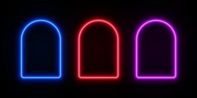 Neon arch light. LED frame door on dark background. Portal border with glow of blue, red and purple color. Set of empty fluorescent templates for games. vector