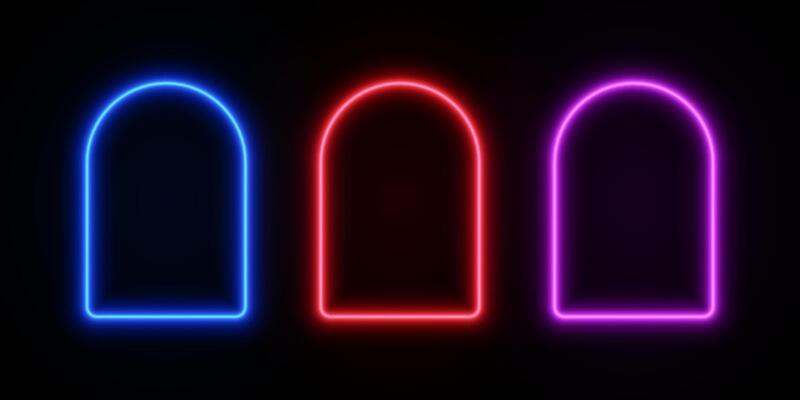 Neon arch light. LED frame door on dark background. Portal border with glow of blue, red and purple color. Set of empty fluorescent templates for games.