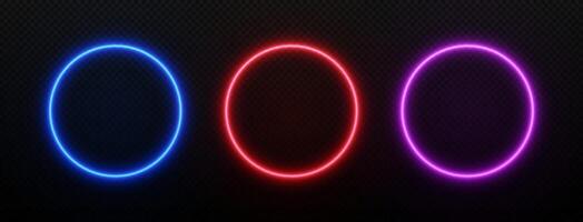 Neon round light. Frame circle with led glow. Set of laser rings for design isolated on transparent background. vector