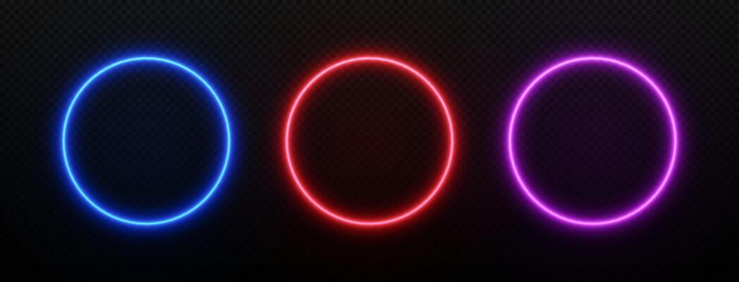 Neon round light. Frame circle with led glow. Set of laser rings for design isolated on transparent background.