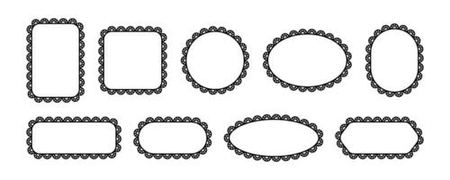 Lace frames with scallop rectangular and square shapes. Border edges with pattern round and oval. Set of black elements isolated on white background. vector