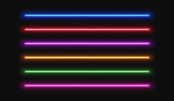 Neon line light. LED laser stripe. Fluorescent tube glow. Set electric beams dividers isolated on black transparent background.