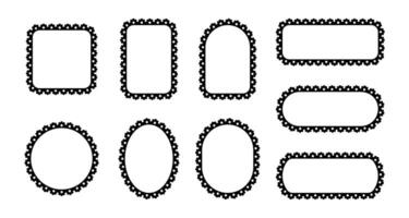 Lace border frames. Scallop pattern on borders. Set of black illustrations of ornaments isolated on white background. vector