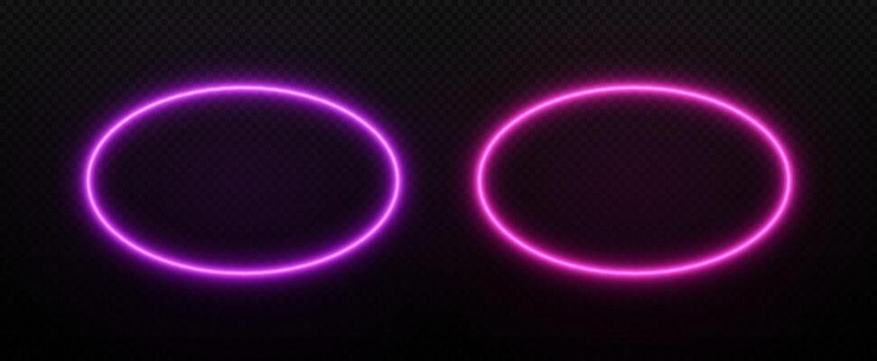 Oval neon glow frame. Ellipse border light with laser effect. Electric led templates for text.