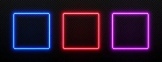 Light neon square frame. Glow led box border. Set of laser templates for design isolated on dark transparent background. vector
