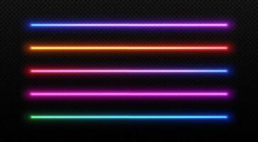 Neon led line light. Glow of laser colorful tubes. Fluorescent stripes dividers. Set of isolated futuristic effects on transparent background. vector