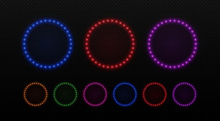 Light circle neon frame with bulbs. Retro lamps round border for cinema, circus and casino. Led set on black background.