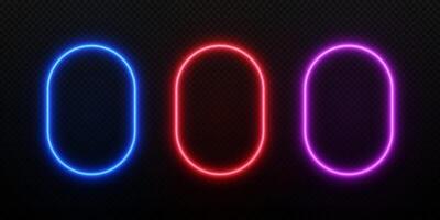 Neon light rectangle frame. Border with glow of vertical rounded led line. Set of templates for game design isolated on dark background. vector