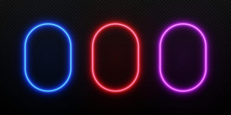 Neon light rectangle frame. Border with glow of vertical rounded led line. Set of templates for game design isolated on dark background.