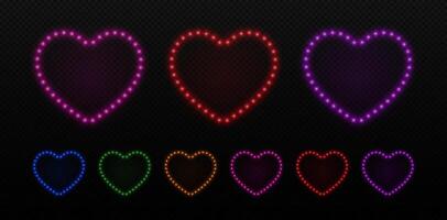 Light neon frame heart with bulbs. Led glow lamps border for love day. Set of retro elements for game and party. vector