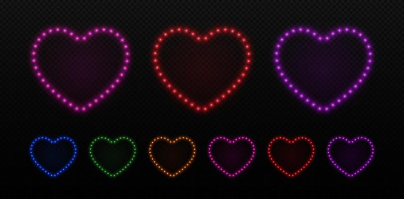Light neon frame heart with bulbs. Led glow lamps border for love day. Set of retro elements for game and party.