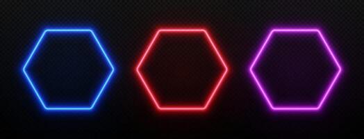 Neon light hexagon frame. Borders with led glow in blue, red and purple. Fluorescent empty template for design with space for text. vector