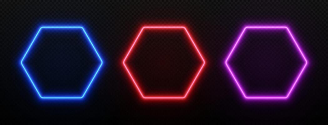 Neon light hexagon frame. Borders with led glow in blue, red and purple. Fluorescent empty template for design with space for text.