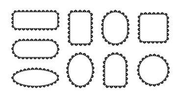 Frames with scallop border. Lace patterns border edges on different geometric shapes circle, rectangle and square. Set of black elements isolated on white background. vector