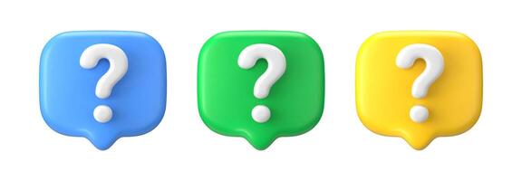3d question mark. Bubble ask icon faq. Set of render signs to help users and find solutions in their doubts. vector