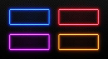Light neon rectangle frame. Glow LED border. Set of laser templates for design isolated on dark transparent background. vector
