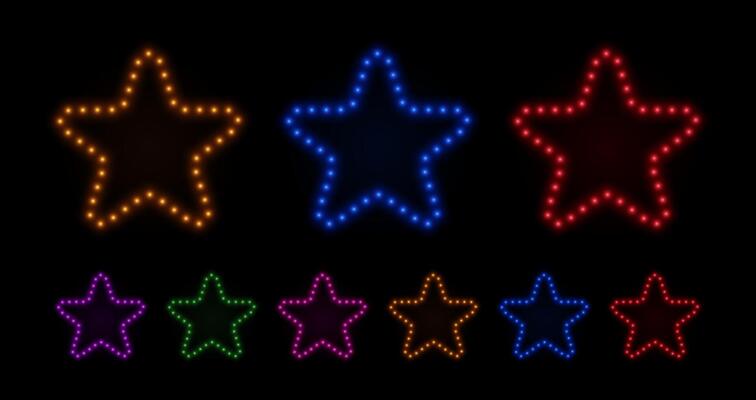 Star frame with neon bulbs light. Led lamps border glow. Retro set for party, casino and cinema.