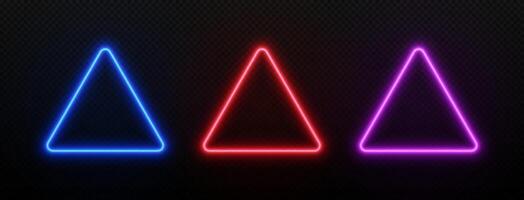 Triangle neon light frame. Border with laser glow in red, blue and purple. LED play sign for playing music. Template for text design. vector