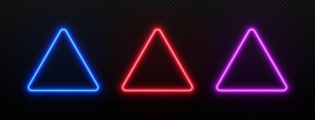Triangle neon light frame. Border with laser glow in red, blue and purple. LED play sign for playing music. Template for text design.
