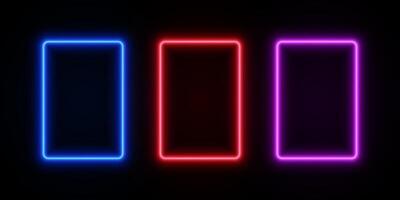 Light neon rectangle frames. Glow LED border of blue, red and purple colors on black transparent background. Set laser template for design. vector