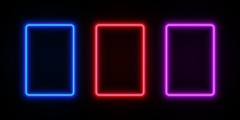 Light neon rectangle frames. Glow LED border of blue, red and purple colors on black transparent background. Set laser template for design.