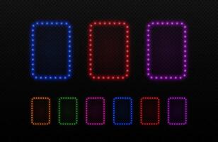 Light neon frame with bulbs. Retro rectangle lamps border for cinema, casino and party advertising. Set of led elements isolated on dark background. vector
