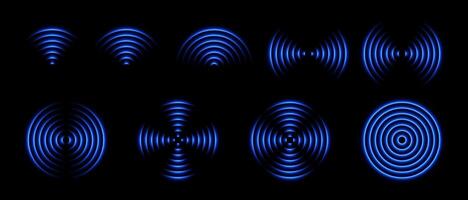 Radar waves or wifi light effect. Sound signal and sensor antenna with neon glow. Scanning and detecting on the field. Set of abstract elements. vector
