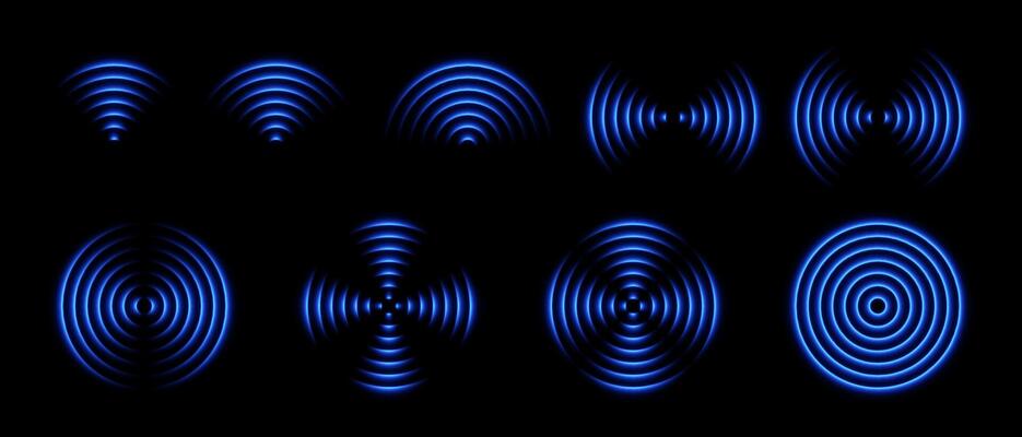 Radar waves or wifi light effect. Sound signal and sensor antenna with neon glow. Scanning and detecting on the field. Set of abstract elements.