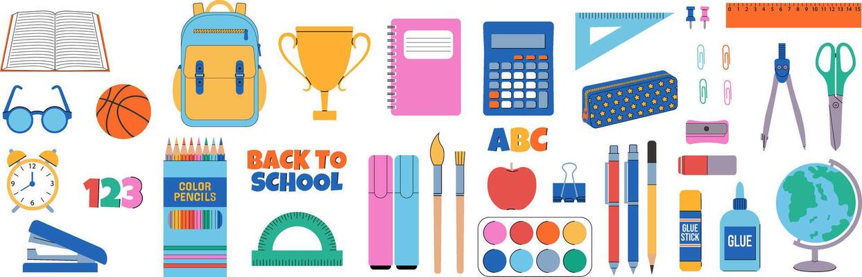 Back to school. Large set of isolated school supplies.