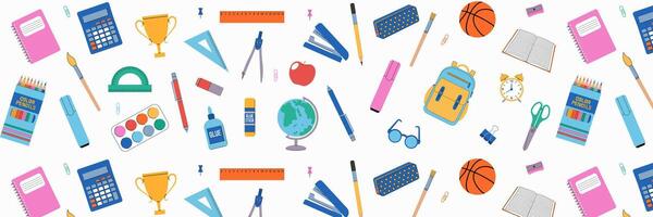 Seamless repeating pattern, background of school supplies on white background. Back to school. vector