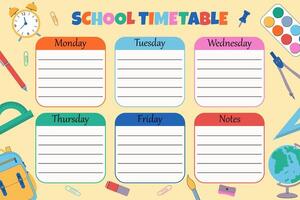 School timetable from Monday to Friday.Colorful design with different types of school supplies. vector