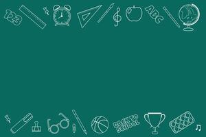 background in the form of a school chalkboard with school supplies drawn on the edges and empty space for text. vector
