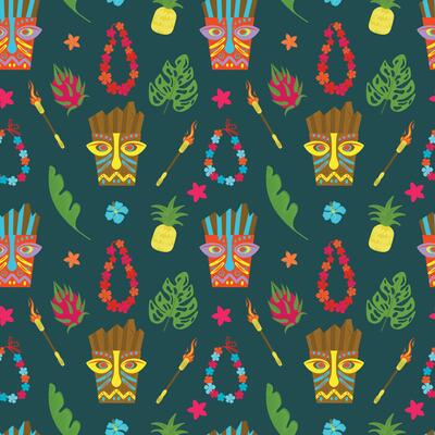 Tropical hand drawn seamless pattern on a green background. Tiki mask, leaves, lei necklace, pineapple, dragon fruit, fire wicks. illustration in cartoon style. Tropical pattern.