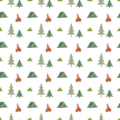 Forest seamless pattern. Nature background. Trees, grass, camp fire and camp tent decorations