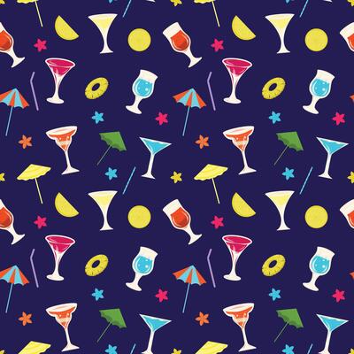 Cocktails hand drawn seamless pattern on a blue background. Glass of cocktail, lemon slices, pineapple slices, flowers, drinking straws, cocktail umbrellas. Alcohol cocktail