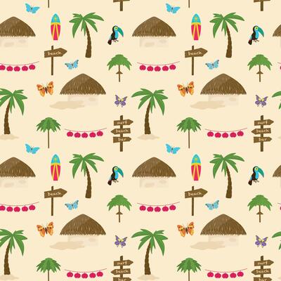 Tropical hand drawn seamless pattern on a sand color background. Palm tree, bungalow, toucan, surfboard, butterfly, wooden sign. illustration in cartoon style. Tropical pattern.