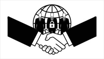 Secure Business Partnership Handshake, Global Network, Lock, and Corporate Team Silhouette Icons vector