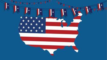 Map of USA with flag pattern and patriotic bunting on blue background vector