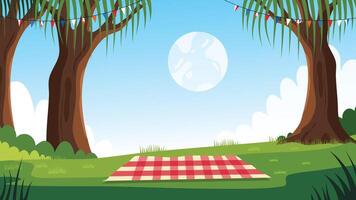 Picnic blanket under trees with full moon and blue sky in patriotic park vector